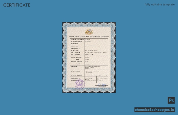 Australisches Personenstandsregister: Sterbeurkunde (PSD-Beispielvorschau)